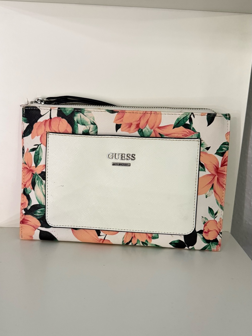 GUESS White Floral Wristlet with Peach Blooms